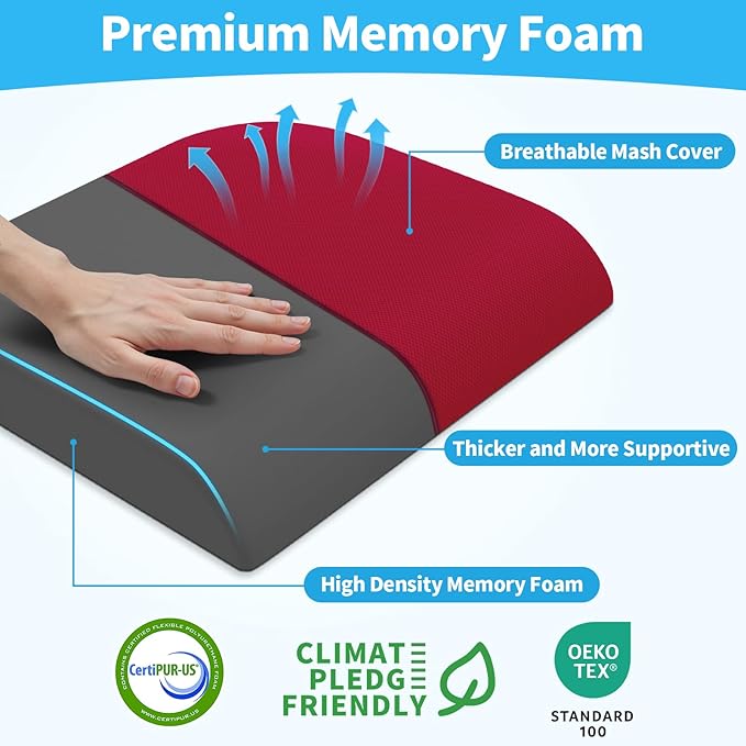 XLarge Seat Cushion, Memory Foam Cushion for Long Sitting Hours on Office Chair, Home & Car, Non-Slip Chair Pad for Relieving Back & Sciatica & Hip & Coccyx Pain (Red)