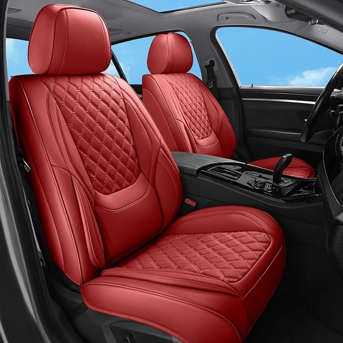 Car Seat Covers Full Set Red, Luxury Faux Leather Waterproof Non-Slip Women Seat Protector Universal Fit for Most Cars SUVs Trucks Pick-ups,Car Interior Accessories (Red-Full Set)