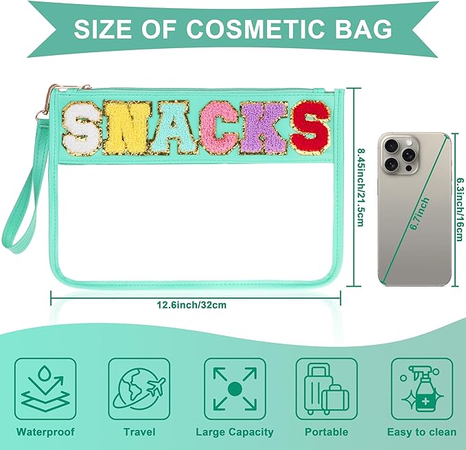 Snack Bag for Travel - Clear Chenille Varsity Letter Flat Pouch with Zipper, 12.2×8.46 inch Waterproof Clear Nylon Preppy Patch Makeup Cosmetic tote Bags for Women Girls