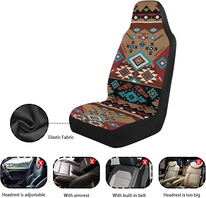 ELEQIN Car Seat Covers Two Front Only for Car, Brown Aztec Geometric Automotive Interior Covers, Quick Setup Universal Fit Seat Covers for Car, Truck, SUV