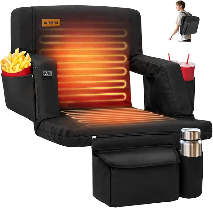 Overmont Heated Stadium Seat with Back Support – 3 Heat Levels, Dual-Zone Independent Control, 6-Position Recliner, Wide Cushion Dual Hooks Multiple Pockets – Bleacher Chair for Sport Camping Concerts