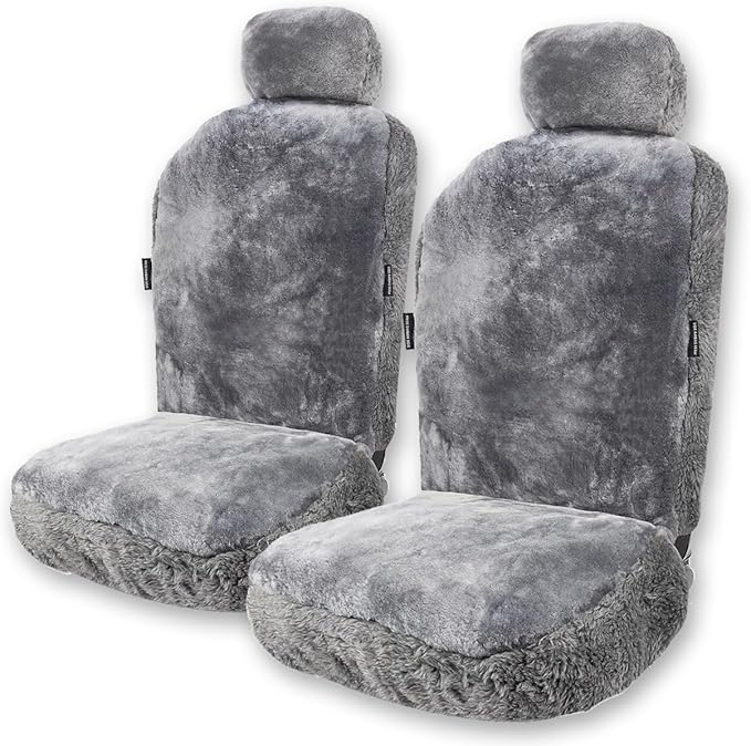 ZONETECH Sheepskin Seat Covers Fuzzy Car Seat Covers Grey Australian Merino Wool Fluffy Fur Auto Accessories All Season Protection for Your Seats Universal Fits Most Car SUV Airbag Compatible 2- Pack