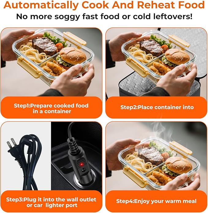 Portable Electric Lunch Box Food Heater,12V/24V/110V 3-in-1 Food Warmer Box, Mini Portable Oven Car Food Warmer, Heated Lunch Bag for Adults Office Travel Work Truck Meal Reheating
