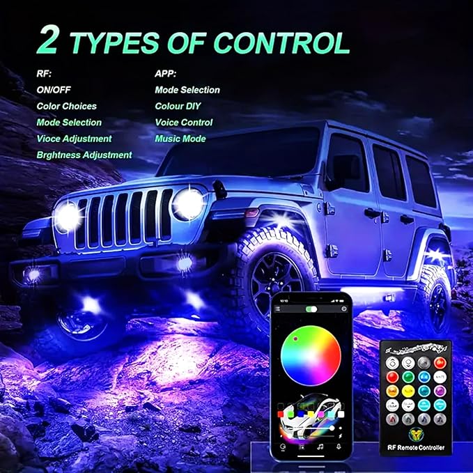 RGB Rock Lights, 8 Pods 36 LEDs SMD Chips Super Bright App Control Underglow Neon Light Exterior Chassis Wheel Well Glow Kit for Off Road Cars Trucks Jeep SUV UTV ATV RZR Golf Cart