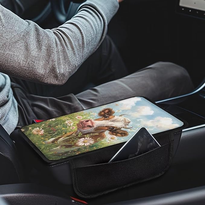 Cow Floral Grass Pattern Car Center Console Cover Anti-Slip Auto Box Cover Protector Lightweight Vehicle Armrest Cover Pad Universal Fit for Most Cars Sedan Truck SUV