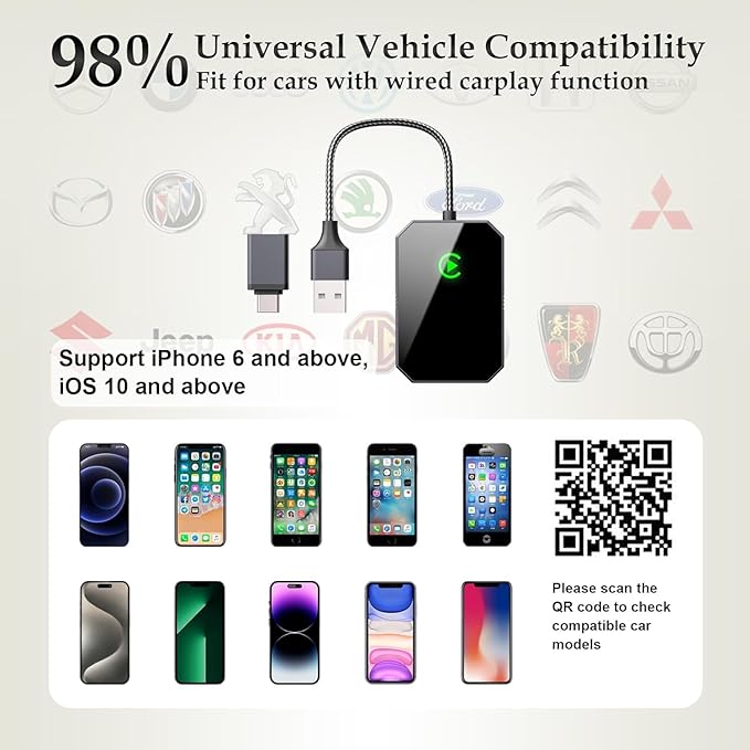 Wireless CarPlay Adapter for iPhone, Converts Factory Wired CarPlay to Wireless, Plug and Play Car Play Wireless Adapter, Auto Connect Dongle for Apple Car Play for Cars from 2016 and iOS 10+