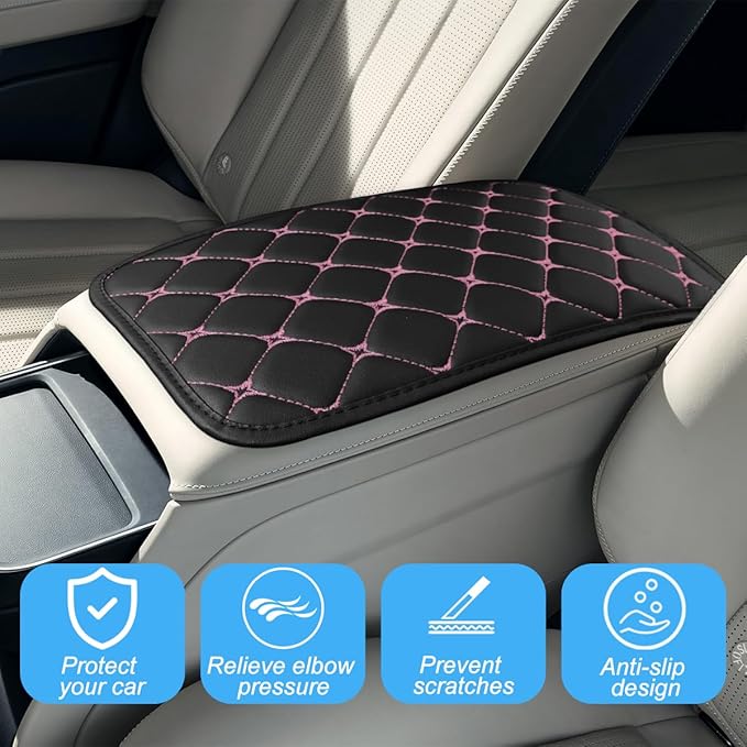 Car Center Console Cushion Pad, PU Leather Vehicle Armrest Cover Protector, Anti-Scratch Automotive Interior Arm Rest Seat Box Mat Accessories, Universal for SUV Sedan Truck (Black/Pink)