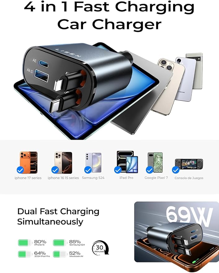 LISEN Long Retractable Car Charger 4 in 1 (47.2in Cable), USB C Car Charger for Truck/Jeep Drivers, Light Truck Jeep Accessories Fast Charging for iPhone 17 16 15 14 13 12 11 Series, Samsung S26 S25