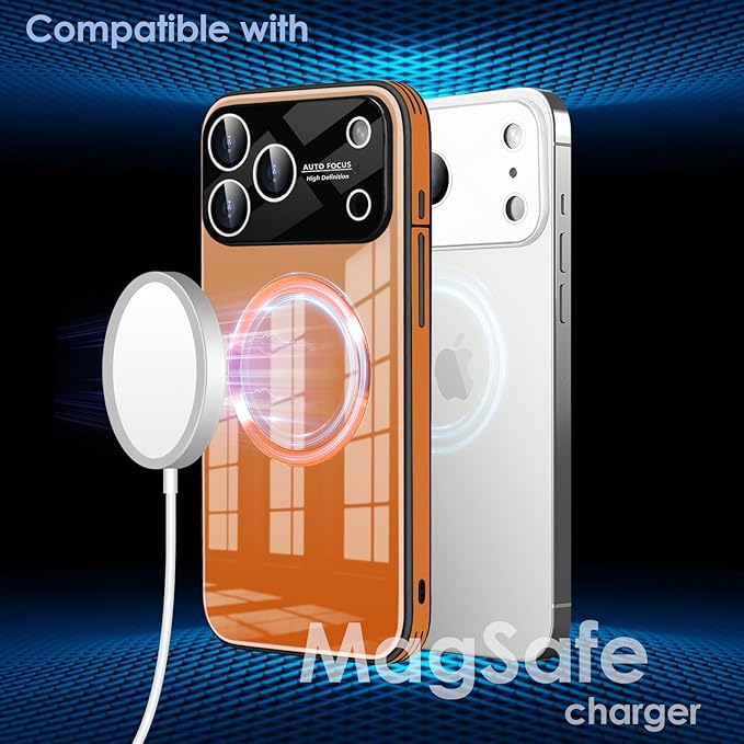 Guppy Compatible with iPhone 17 Pro Magnetic Case, with Full Camera Lens Protector [Compatible with MagSafe] Scratch Resistant Gradient Glass Back Cover Phone Case-Orange
