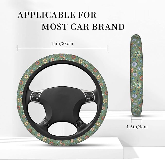 Sage Green Hippie Flower Auto Car Steering Wheel Cover Universal 15 Inch Neoprene Interior Decor Protection Accessories