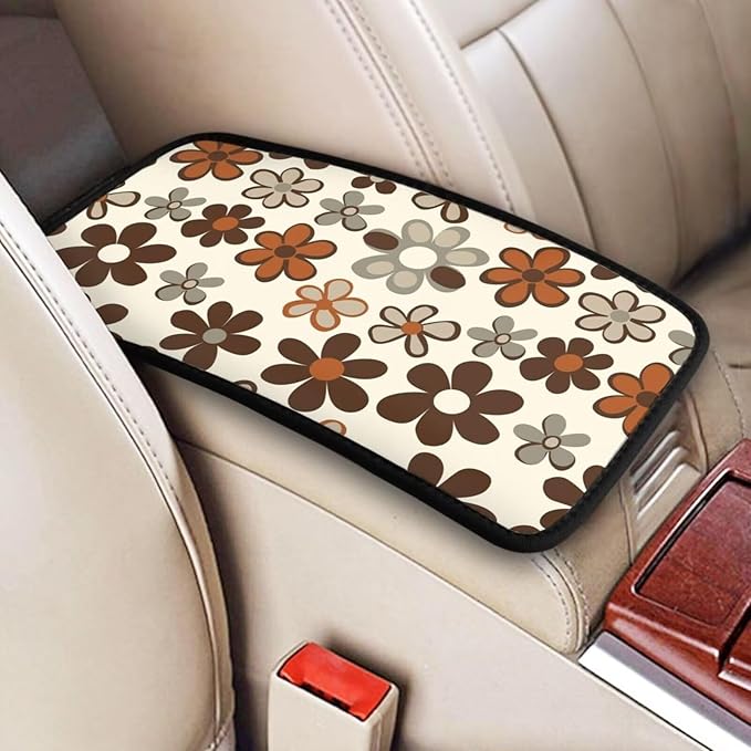 Brown Daisy Center Console Cover Floral Hippie Daisies Flower Car Accessories Armrest Box Lid Protector Cover