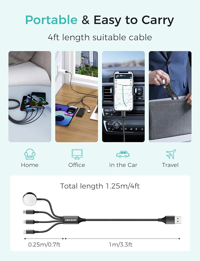 Amasuki Travel Essentials,4 in 1 for Apple Watch Charger/iPhone Charger/Multi Charging Cable,Vacation RV Camping Essentials,USB C/L/Micro Portable Charger for iWatch 11-1/iPhone 17-12,Car&Gift-Black