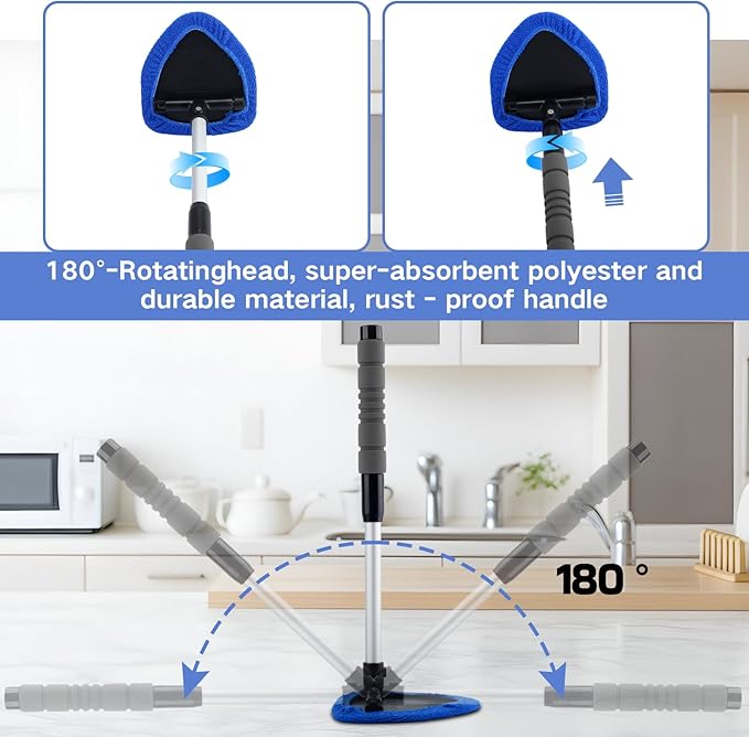 9PCS Windshield Cleaning Tool, 180° Rotating Extendable Car Window Cleaner, Auto Glass Wiper Kit Includes 6 Reusable Microfiber Pads, 1 Spray Bottle, 1 Air Conditioning Brush