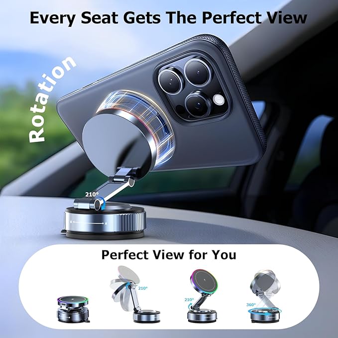 Magsafe Car Mount Charger, 15W Fast Charging Wireless Car Charger, Magsafe Car Mount, 360° Vacuum Magnetic Phone Holder [120LBS Ultra Suction Cup & 3000gf Magnet] for iPhone 17 - 12, Pixel & Samsung