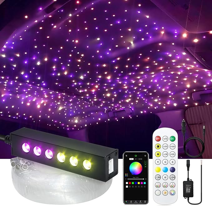 WEBUPAR 3.2W 6LEDs Meteor Starlight Headliner Kit, 300pcs 0.01in 6.56ft, RGBW Shooting Stars Fiber Optic Lights with Bluetooth APP Control for Car/Home Theater