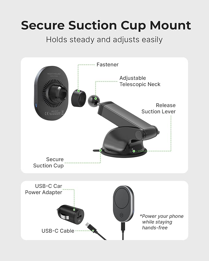 MagSafe Wireless Car Charger Suction Cup Mount for Compatible with iPhone 14/15/16/17/Galax (Version 2.0) 360° Rotation, Canadian Company Magnetic Car Phone Holder Charger, Car Gifts for Men/Women