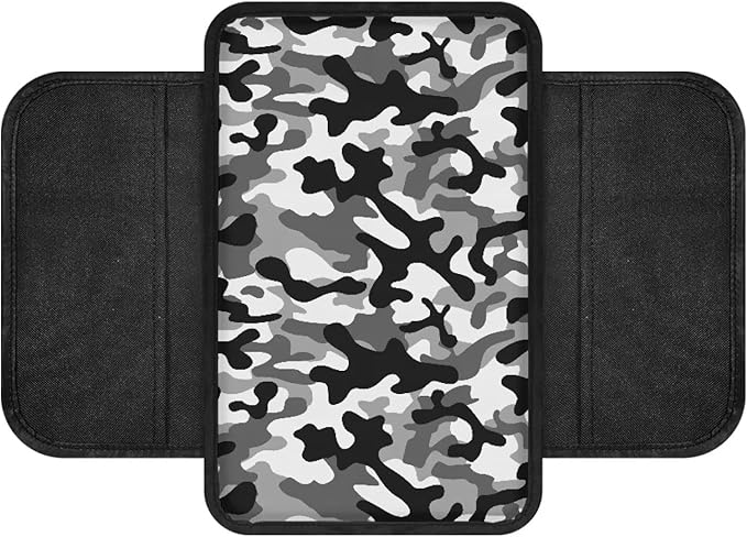 Black Gray Camo Pattern Car Center Console Cover Stretchy Vehicle Armrest Cushion Waterproof Car Armrest Storage Box Mat Universal for Most Vehicle SUV Truck Car