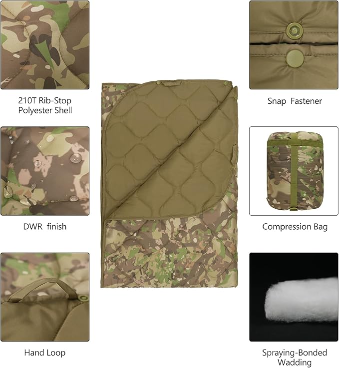 Poncho Liner Military Insulation Blanket Camo with Compression Carry Bag for Outdoors Hiking Jungle Hunting Gear