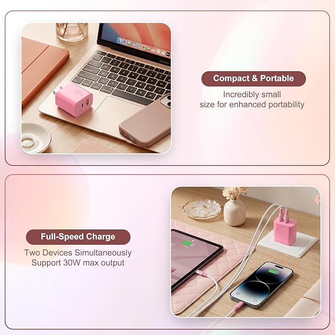Aolcev for iPhone Charger Fast Charging 2 in 1 USB A USB C Charger Block 30W Cute Type C Fast Charging Blocks for iPhone 17 16 15 14 13 for iPad USB C Charging Adapter for Galaxy S26 S25 Light Pink