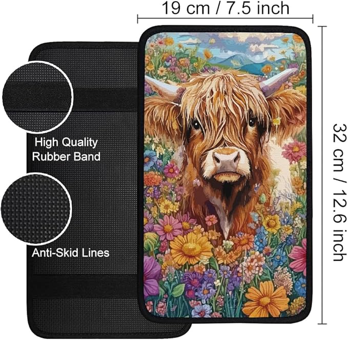 1pc Center Console Armrest Cover Pad 12.6x7.5 inch Highland Cow Neoprene Car Armrest Cushion Waterproof Armrests Seat Box Cover Protector for Universal Cars Vehicles SUVs