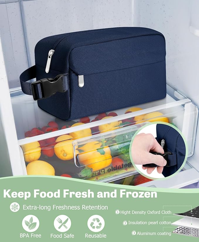 Small Insulated Snack Bag Lunch Bag for Kids Lunch Box for Women/Men, Collapsible [3L/5-Can] Reusable Lunch Bag Cooler Bag for Bottle with Handle Buckle for Work/School/Travel,Dark Blue