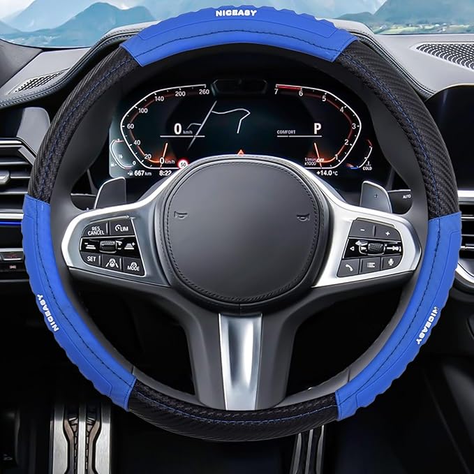Sport Style Black Carbon-Fiber Steering Wheel Cover with Blue Strip Grip Steering Wheel Accessory,Universal Fit 14.5-15.25 inch Steering Wheel