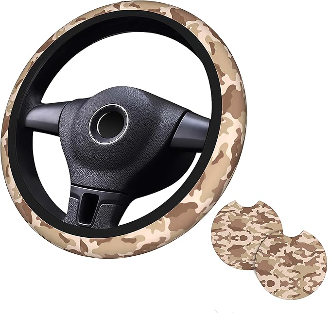Brown Camo Steering Wheel Cover - Camouflage Steering Wheel Cover Anti-Slip Breathable Universal for 15 Inch Car with 2 Pieces Car Coasters Suitable for Men Women