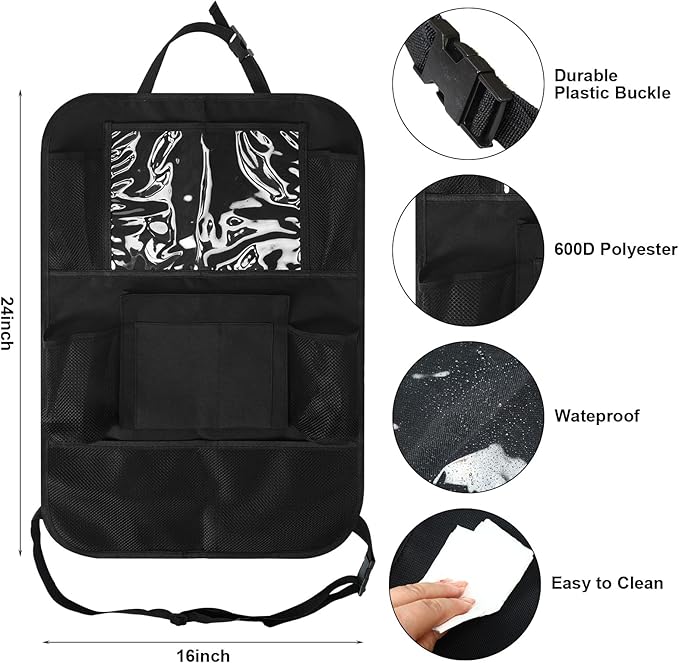 2 Pcs Backseat Car Organizers with Table Tray, 6 Storage Pockets Car Organizer with Tablet Holder, Kick Mats Protectors for Kids Travel Accessories Black, Unisex(Stylish,Black)
