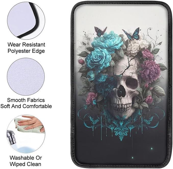 Skull Print Car Center Console Armrest Cover Rose Butterfly Print Armrest Box Cover Center Console Pad Neoprene Car Decor Accessories for Women Men, Easy to Install