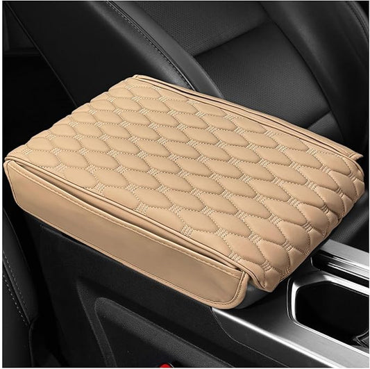 Car Armrest Cushion, Memory Foam Auto Arm Rest Box Protector with 2 Storage Bags, Waterproof Leather Center Console Cover Universal for Most Vehicles, Car Accessories (Beige)
