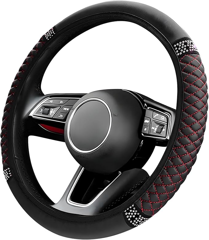 Bling Soft Leather Steering Wheel Cover, 14.5-15 Inch Sparkly Rhinestones Non-Slip Car Steering Wheel Protector, Elastic Auto Steering Wheel Cover Interior for Women Girls (Black & Red)