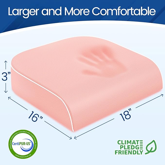 Seat Cushion for Tailbone Pain Relief, Office Chair Cushion, Memory Foam Large Chair Cushion with Non-Slip Cover for Soft Support at Office Chair, Car Seat, Airplane Pink/Large