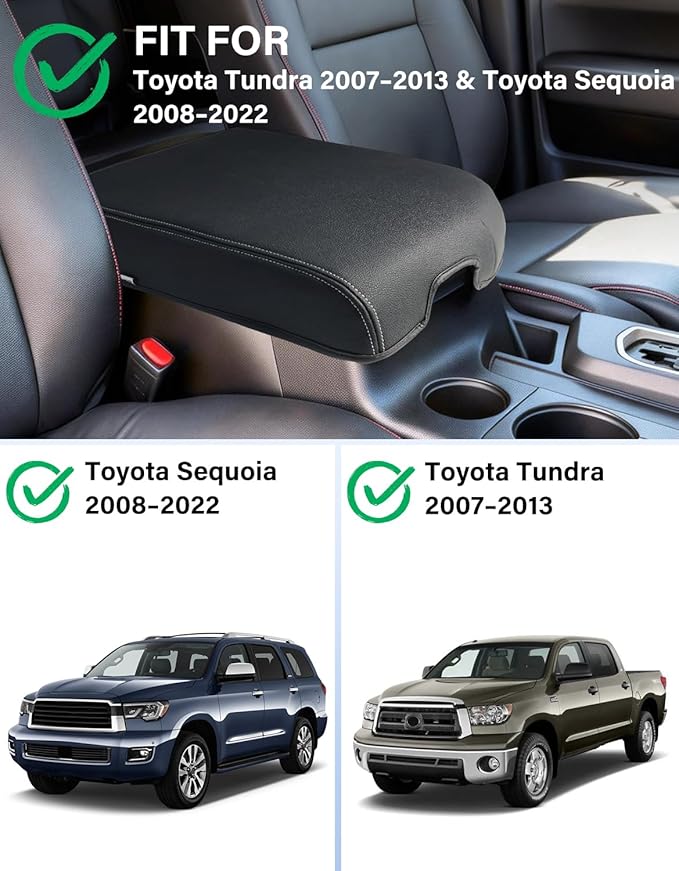 Center Console Armrest Cover for 2007-2013 Toyota Tundra, Toyota Sequoia 2008-2022, PU Leather Middle Console Lid Protector Arm Rest Cushion Anti-Scratch Thick Pad, Black Gray