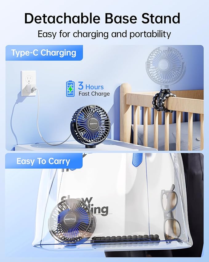SWEETFULL Portable Stroller Fan with LED Display, 4 Speed Rechargeable Mini Clip On Fan, 360° Rotate Flexible Tripod Better Cooling Small Baby Fan for Car Seat Crib Travel Bike Treadmill (Black)