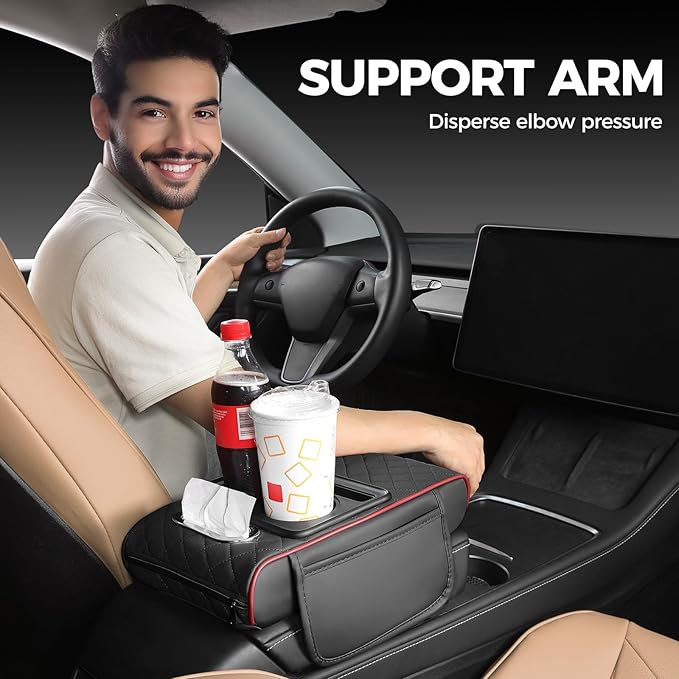 FREESOO Car Center Console Cover, Leather Armrest Cover for Car, Universal Middle Console Cushion with Storage Box, Cup Holder, Tissue Box & Phone Slot, Waterproof Interior Accessories, Black Red