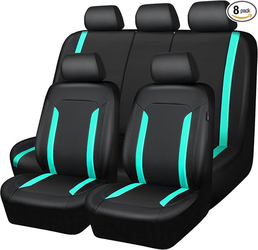 CAR PASS Black Mint Leather Car Seat Covers Full Set, Luxury PU Seat Covers for Cars, Waterproof Car Seat Protector Anti-Slip Seat Cushion Airbag Compatible for SUV Pick-up Truck Sedan, Mint Blue