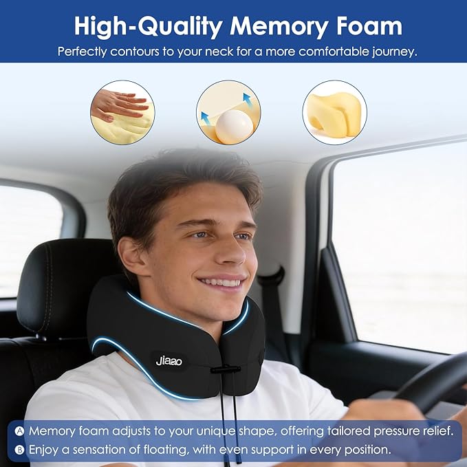 jiaao Travel Pillow Memory Foam Neck Support, Advanced Memory Foam Neck Pillow for Airplanes, Cars & Trains with Eye Mask, Earplugs & Storage Bag