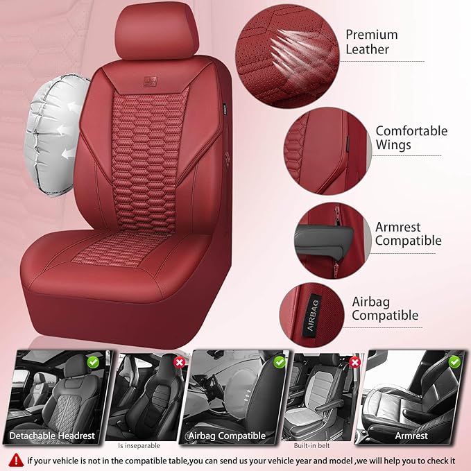 CAR PASS 3D Foam PU Leather Car Seat Covers Full Set,Luxury Breathable Faux Leather Seat Covers for Car,Anti Slip Universal Fit for SUVs Vans Sedan Trucks Automotive,Armrest Airbag Compatible Burgundy