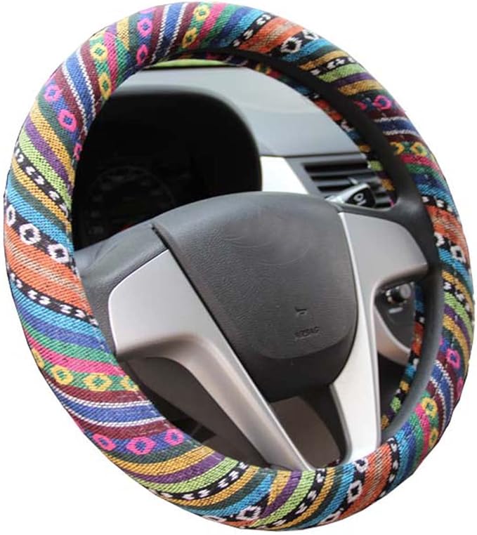 Medium Ethnic Style Coarse Flax Cloth Automotive Steering Wheel Cover Anti Slip and Sweat Absorption Auto Car Wrap Cover (14.5''-15'',C)