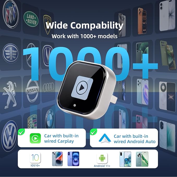 [2026 Upgrade] 2-in-1 Wireless CarPlay and Android Auto Adapter, Plug & Play, 5GHz Dual-Band Zero Latency, with USB/USB-C Converter, for iPhone/Android, Compatible with 99% Cars