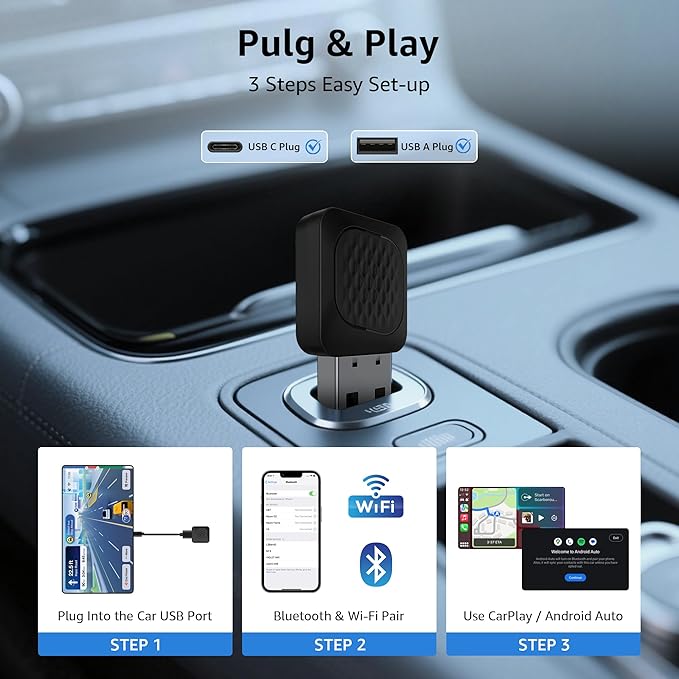 2-in-1 Wireless CarPlay & Android Auto Adapter, Smallest Mini Edition, Converts Wired to Wireless, Plug & Play Adapter for Apple iPhone iOS 10+ & Android 11+
