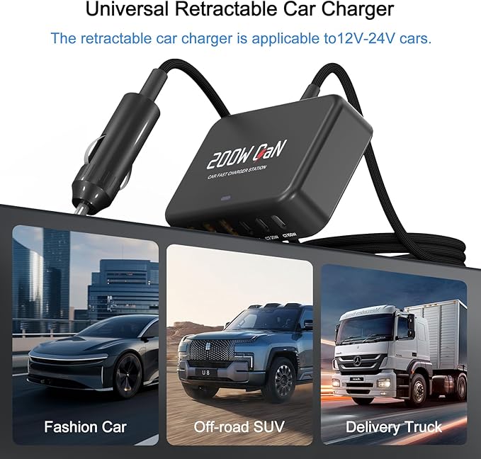 Dzytnsy 200W Car Fast Charging Station,6 Ports, Compatible with MacBook pro/Air/M5 M4 M3 M2 M1/Dell/Lenovo/HP,for iPhone 17/16/15 Series,Samsung Galaxy S26/S25 Ultra/S24 Series and More