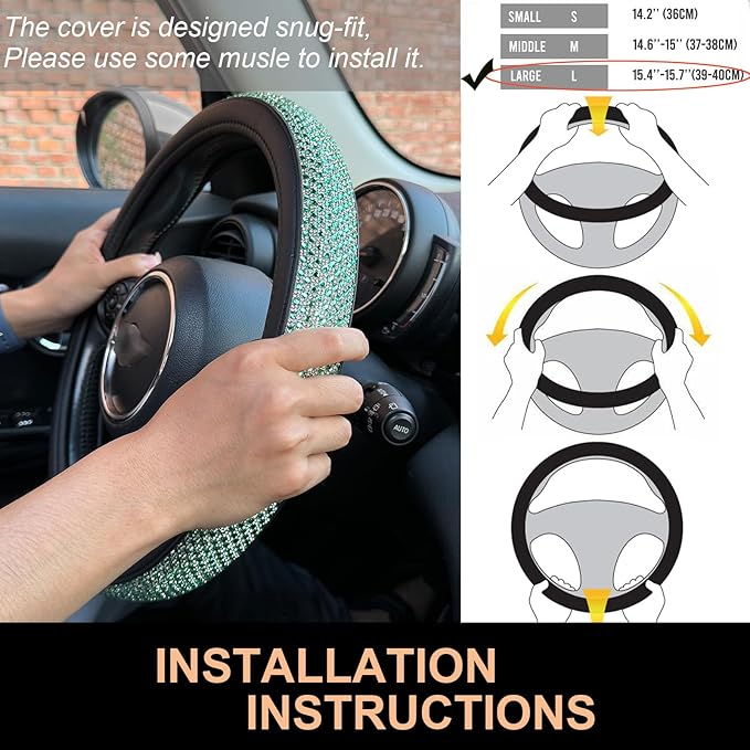 PINCTROT Large Size Bling Comfy Steering Wheel Cover with Jumbo Crystal Rhinestones, Anti-Slip Diamond Leather, 15.5-15.75 Inch (Light Green)