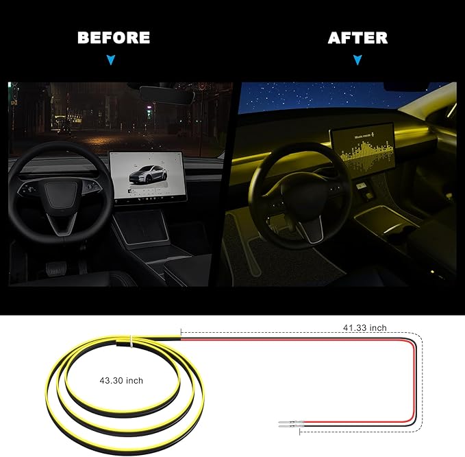 Acrylic Interior Car LED Strip Light with 6mm Sewing Edge - 43.3 inches Ambient Lighting Kits,Neon LED Strip Light(110CM/43.3IN, Yellow)