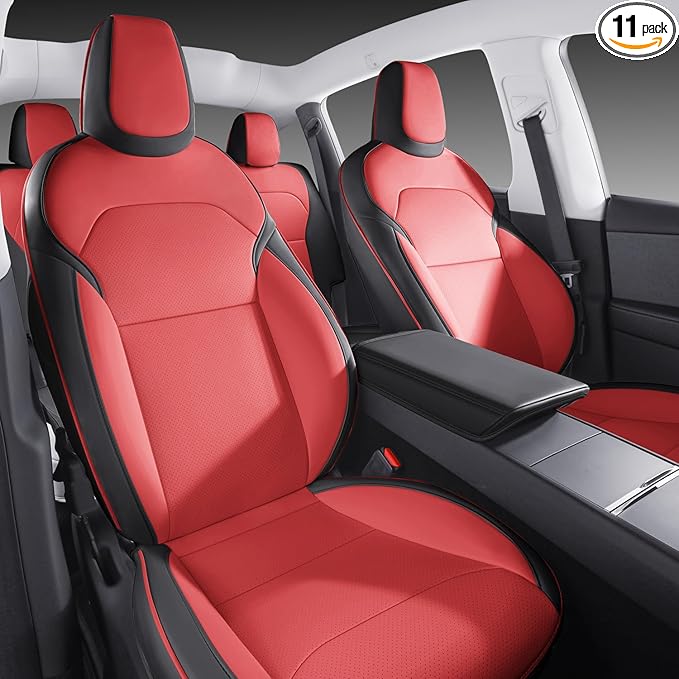 Nappa Leather Car Seat Covers Compatible with 2025–2026 Tesla Model Y Juniper, Bright Red & Black Two-Tone Design, Custom Fit Full Set, Airbag Compatible Car Interior Cushion Covers