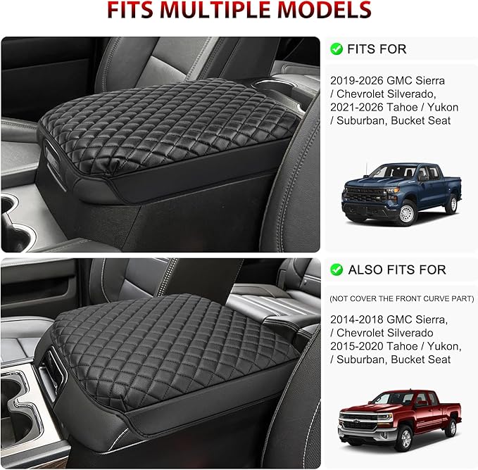 KBH Center Console Armrest Cover for Chevy Chevrolet Silverado & GMC Sierra 2019-2026, Tahoe & Suburban & Yukon 2021-2026, Bucket Seat Only, Vinyl Leather Car Arm Rest Box Cushion Pad Covering, Black