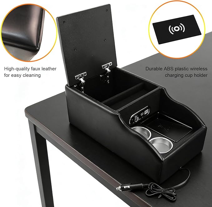 Center Console Armrest Organizer with Flat Wireless Charging Phone Pad & Cup Holders, Multifunctional Car Armrest Storage Box for Car, Van, Truck, Floor Cab, Back Bench Seat – Black