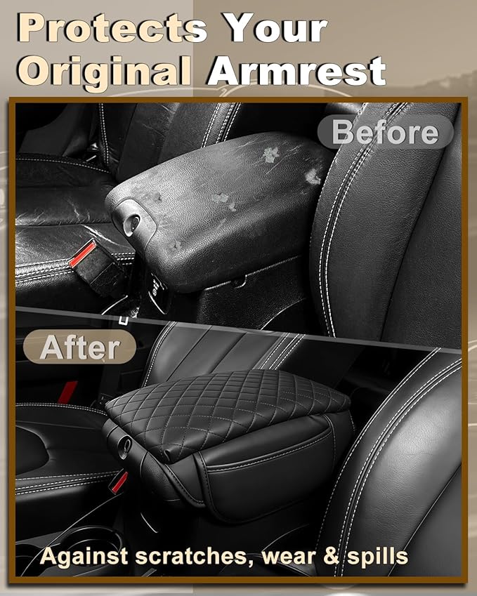 Armrest Cover for Jeep Wrangler JK Center Console Pad with Organizer Storage Pockets, Black Faux Leather Arm Rest Lid Cushion Accessories (2011-2017 Wrangler JK)