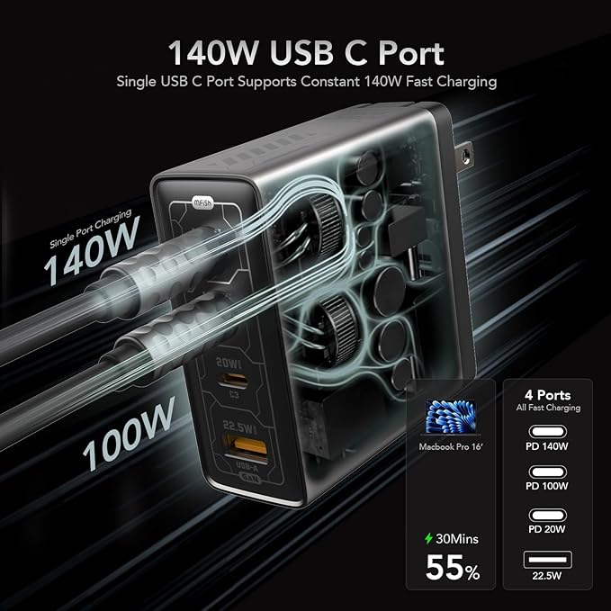 Mfish E-Rhino 140W USB-C Charger, True PD 3.1 GaN Fast Charger, 4-Port (3 USB-C + 1 USB-A) Foldable Plug Power Adapter for MacBook Pro 16”, iPhone 17/16, iPad, Galaxy, Tablet, Laptop, Grey