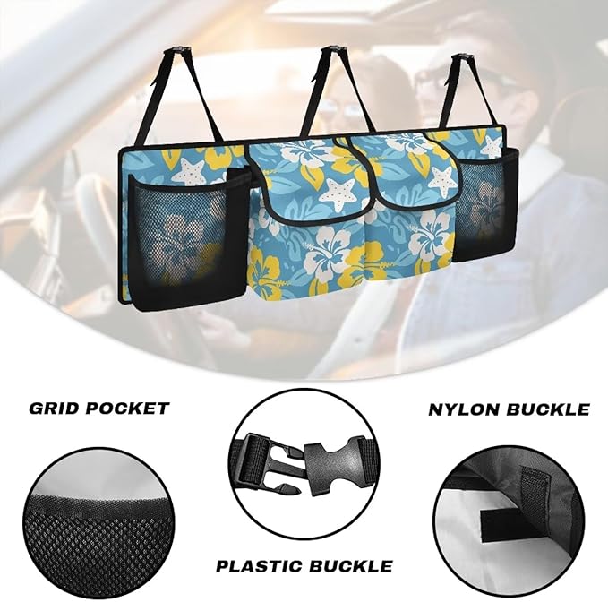 Hawaii Hibiscus Flowers Car Trunk Organizer Starfish Palm Leaf Multipurpose Cargo Bag for SUV,Truck,Van Back Seat Car Organizer